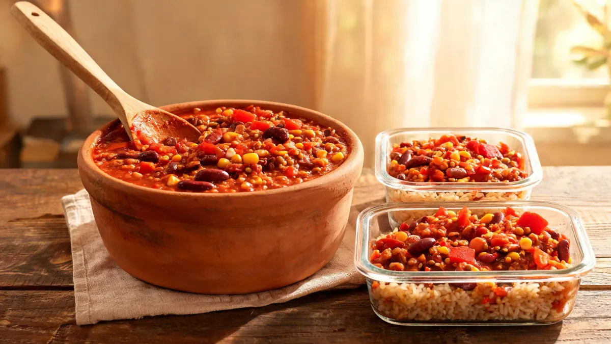 Illustratie van een schaal vegetarische chili sin carne met kidneybonen naast gevulde meal prep bakjes met chili en rijst
