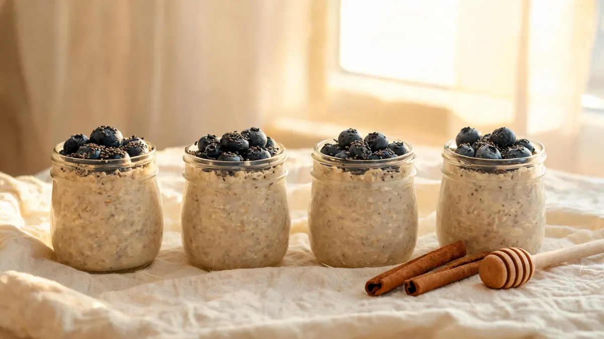 Illustratie van vier glazen potten overnight oats met blauwe bessen en chiazaad op een rij