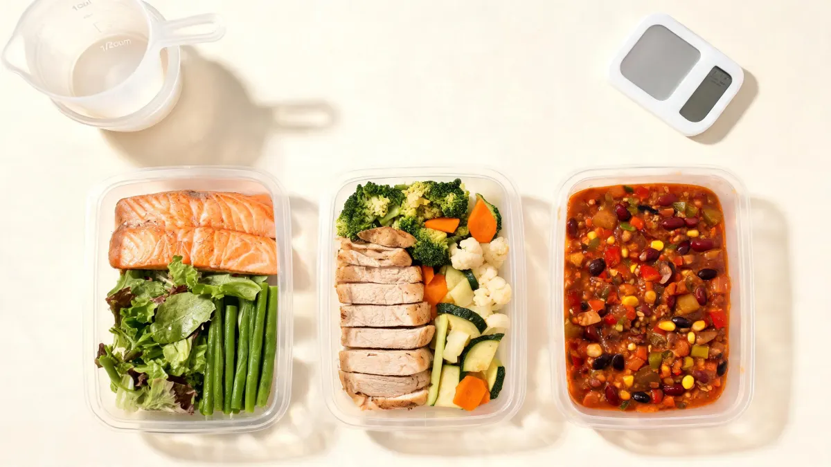 Illustratie van lichte meal prep bakjes met zalm, kip en veel groenten naast een keukenweegschaal