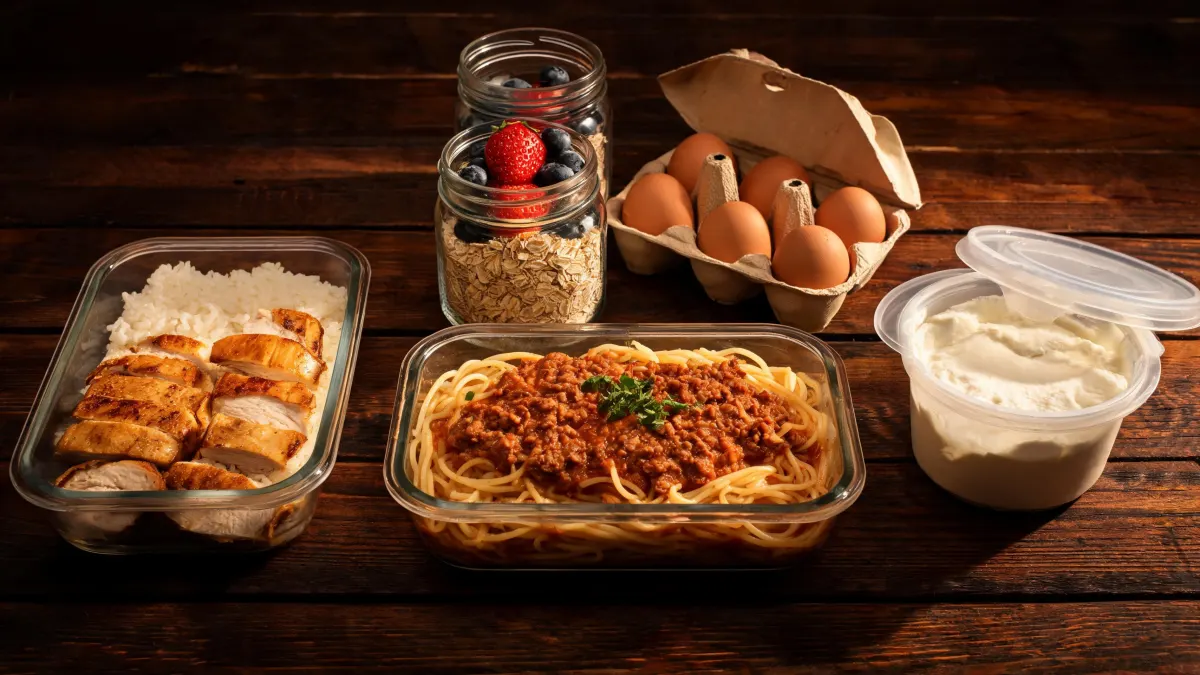 Illustratie van eiwitrijke meal prep met bakjes kip en rijst, pasta met gehakt, potten havermout, eieren en kwark